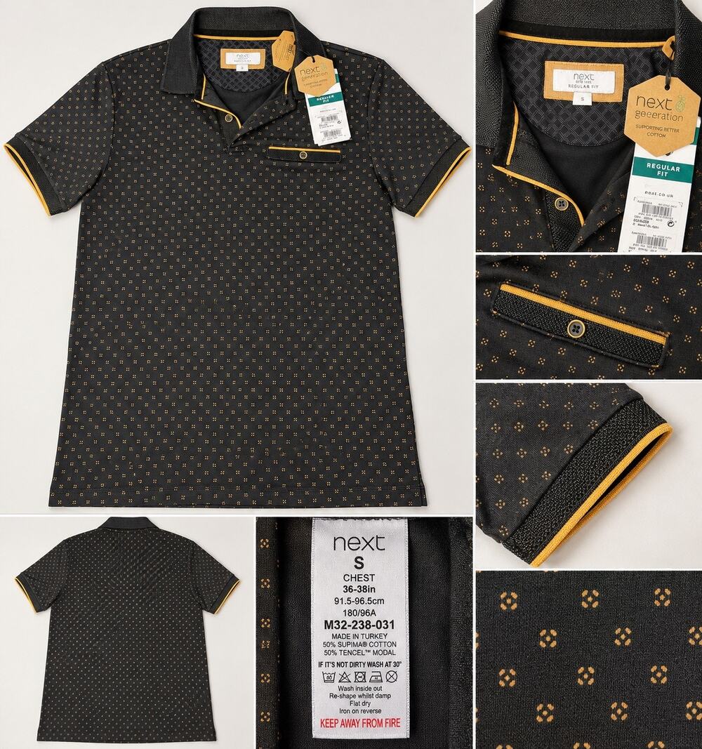 Next Men’s Polo Shirt Small Black Gold Print Supima Cotton Tencel NWT